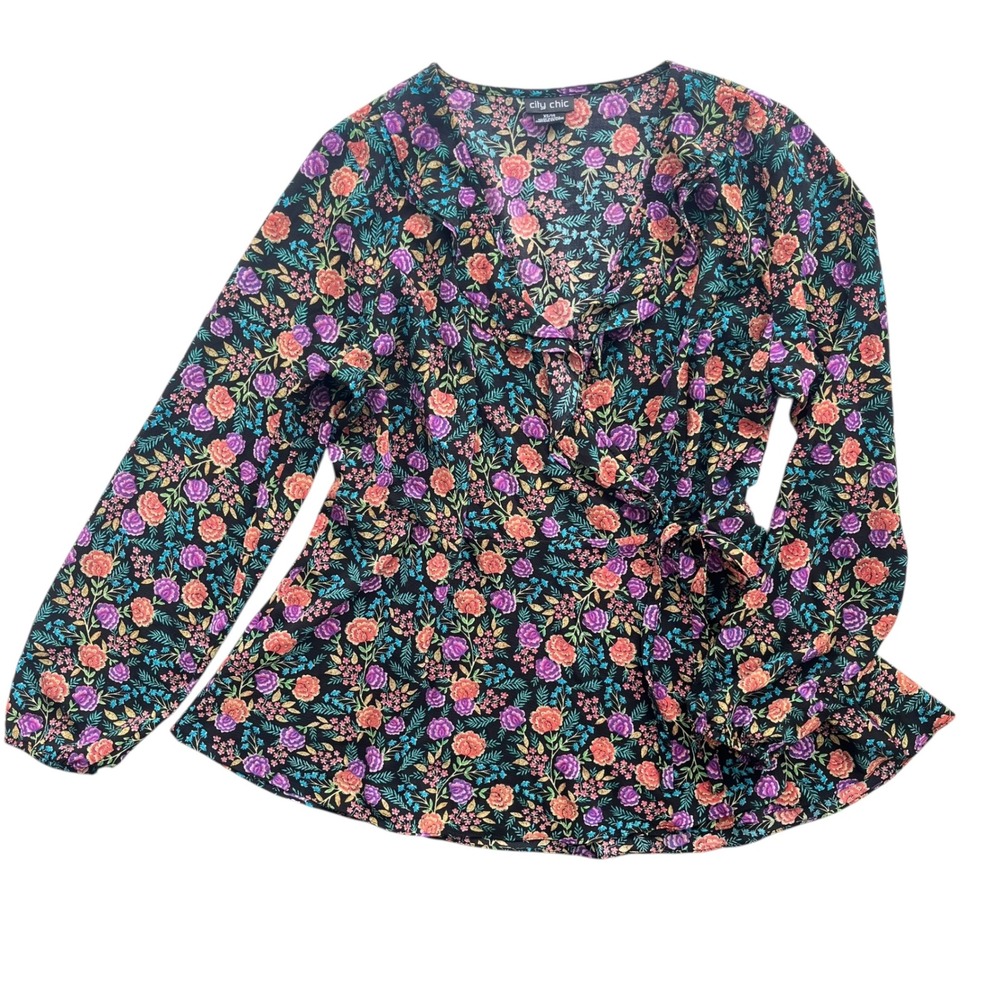 City Chic Womens Plus XS 14 Purple Blue Floral Long Sleeve Wrap Blouse Boho Chic